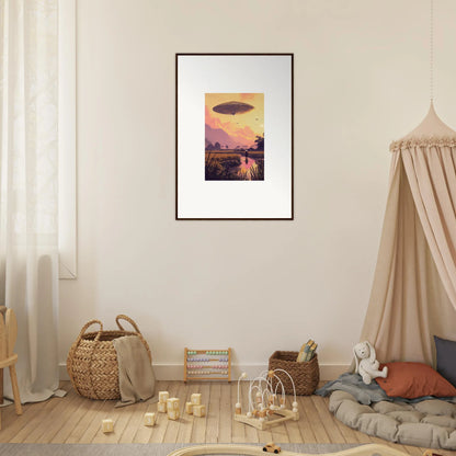 Framed wall art of a UFO at sunset, perfect for unique room decor and Mindship Landing