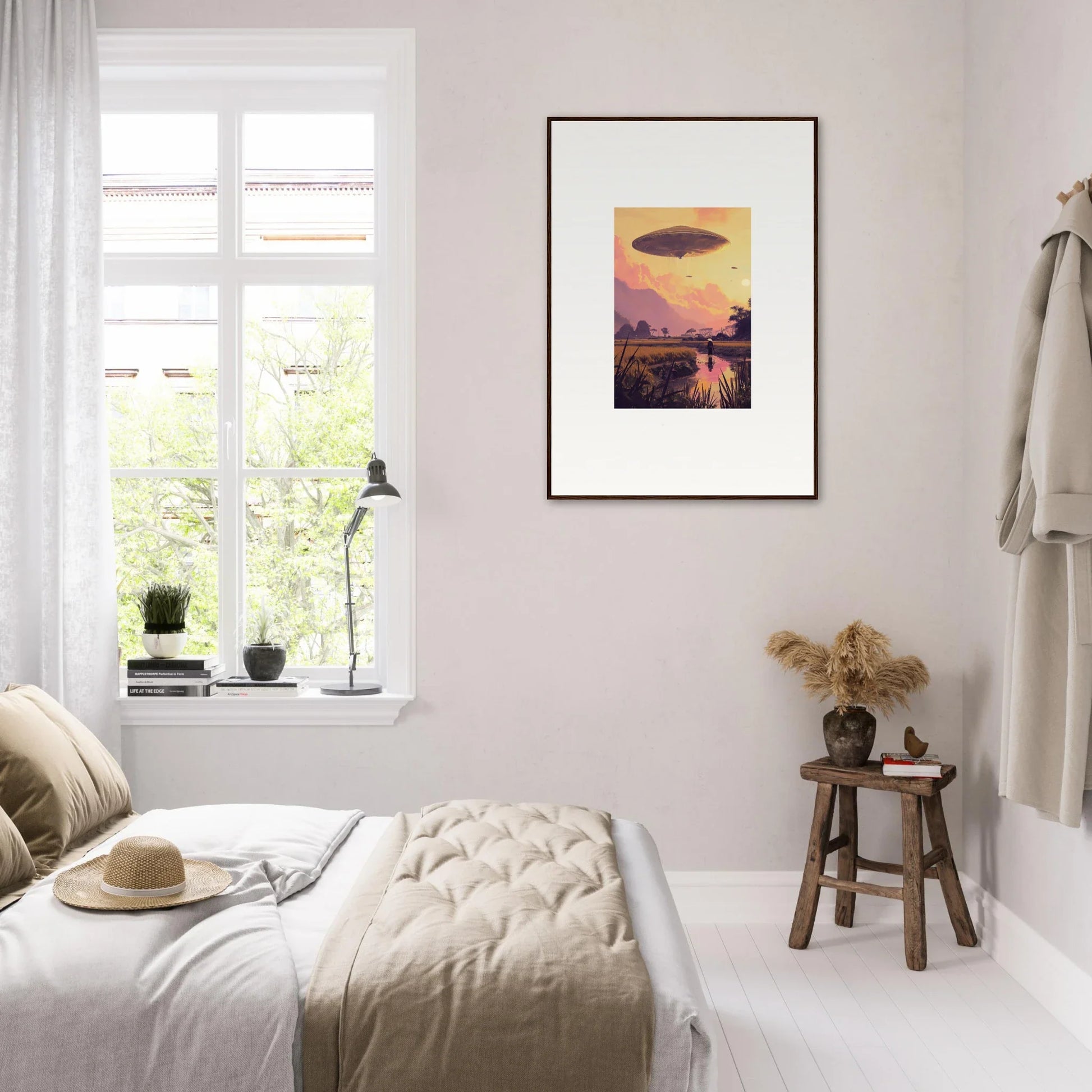 Framed wall art of a mindship landing over a sunset landscape for unique room decor