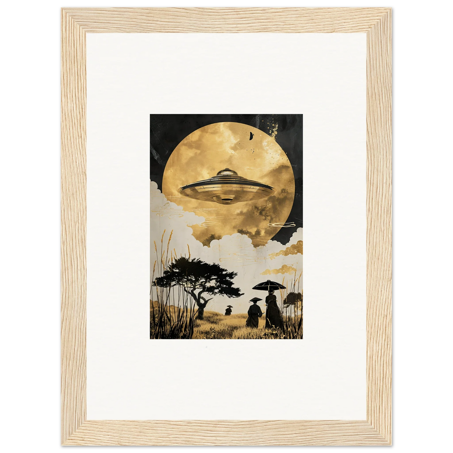 Framed wall art of a UFO over a moonlit landscape, perfect for golden serenade room decor