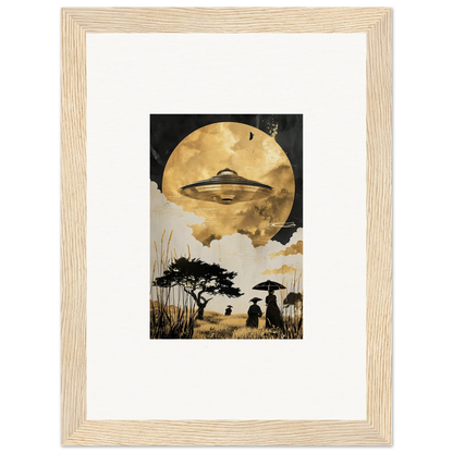 Framed wall art of a UFO over a moonlit landscape, perfect for golden serenade room decor