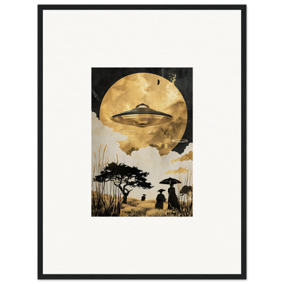 Framed wall art of a UFO over a moonlit landscape, perfect for room decor, Golden Serenade