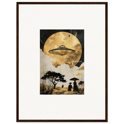 Framed wall art of a UFO over a moonlit landscape for golden serenade room decor