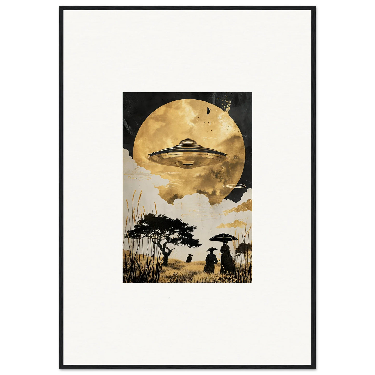 Framed wall art of a UFO over a moonlit landscape for unique room decor, Golden Serenade