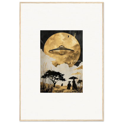 Framed wall art of a UFO over a moonlit landscape, perfect for golden serenade room decor