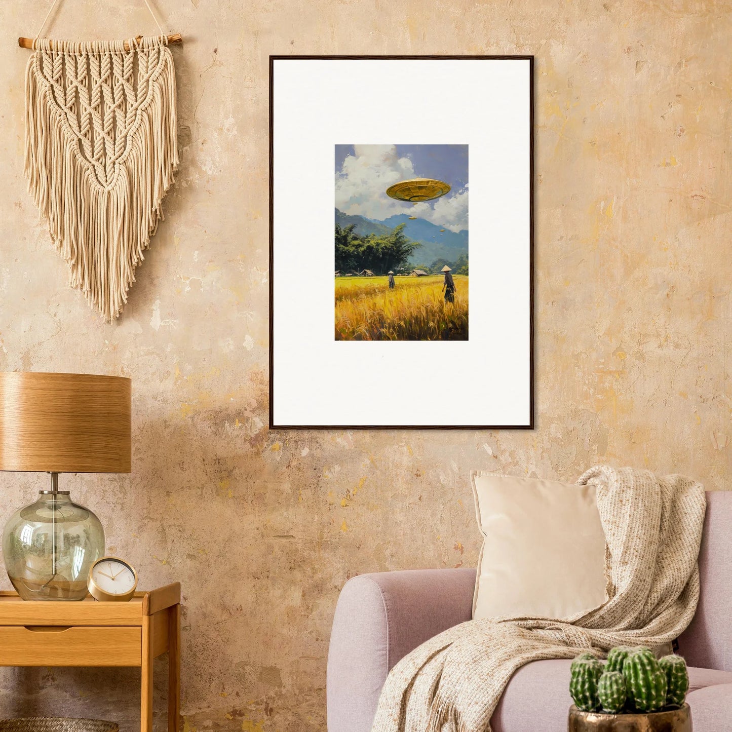 Framed wall art of a UFO over a rural landscape, perfect for circles kabuki room decor