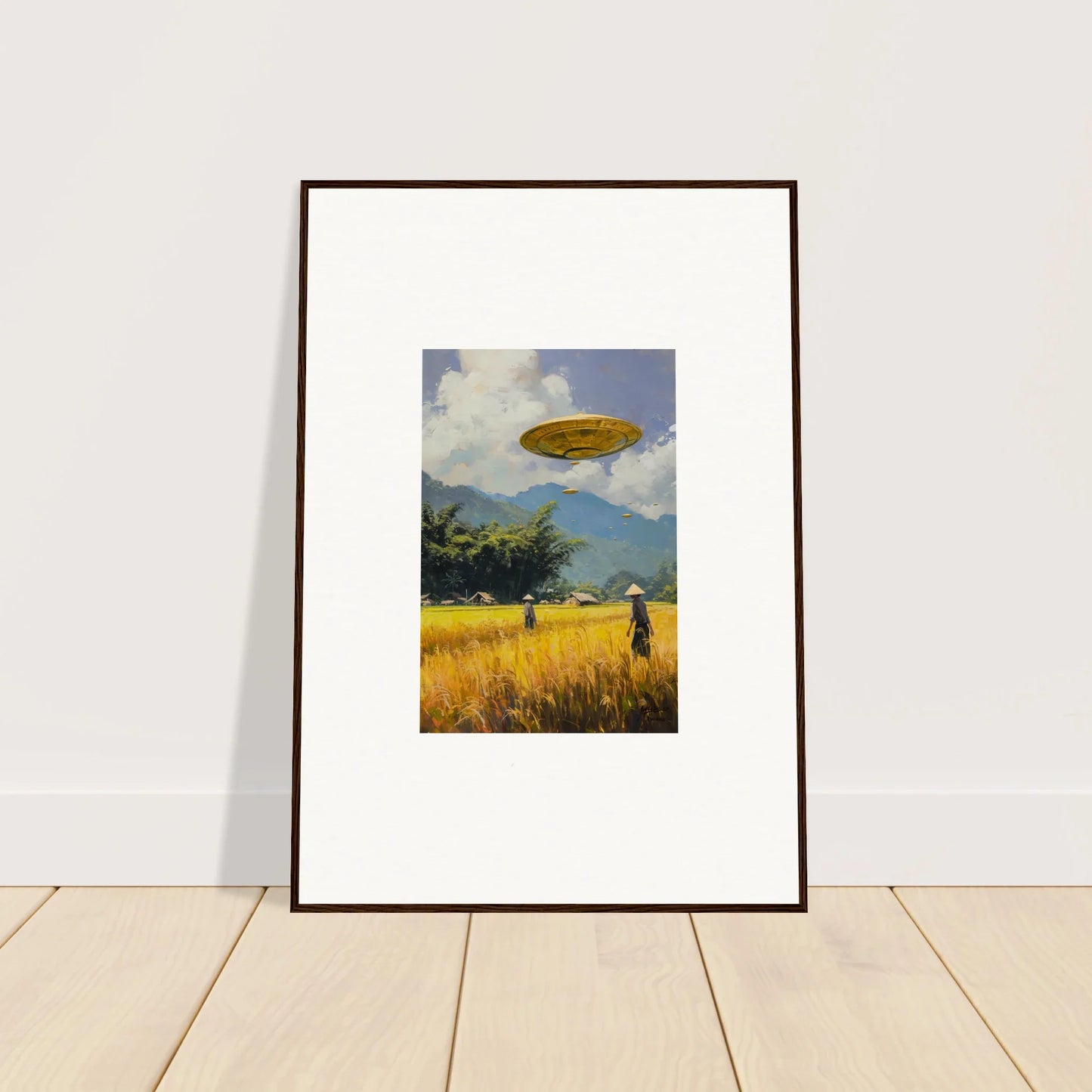 Framed wall art of a UFO over a rural landscape for unique room decor circles kabuki