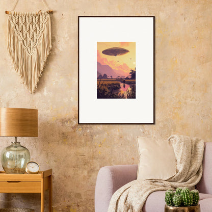 Framed wall art of a mindship landing over a rural sunset landscape for unique room decor