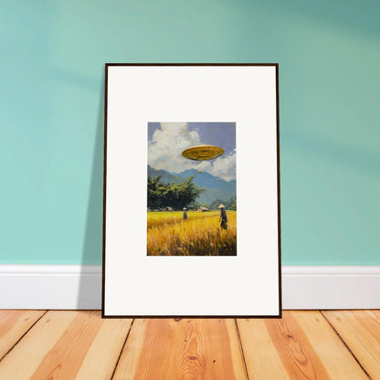 Framed wall art featuring a UFO over a rural landscape for unique room decor