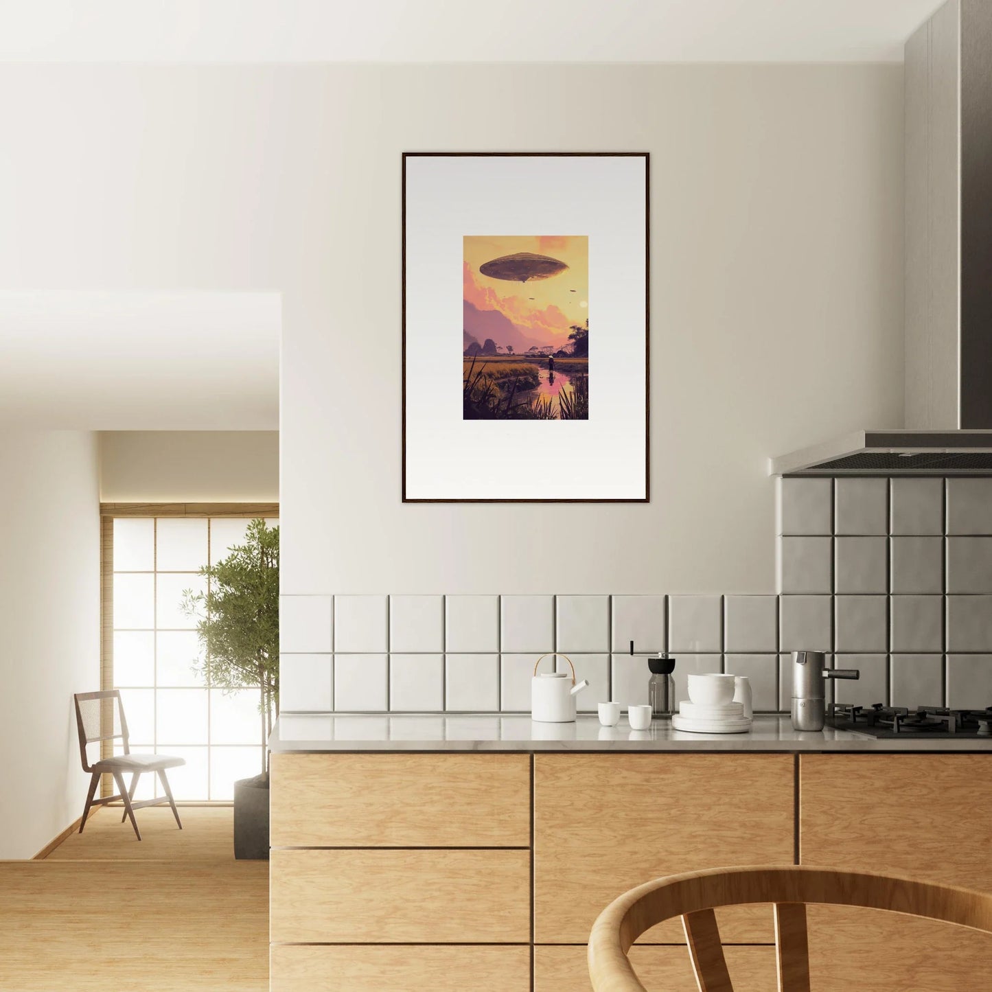 Framed wall art of a UFO over a sunset rural landscape for unique room decor