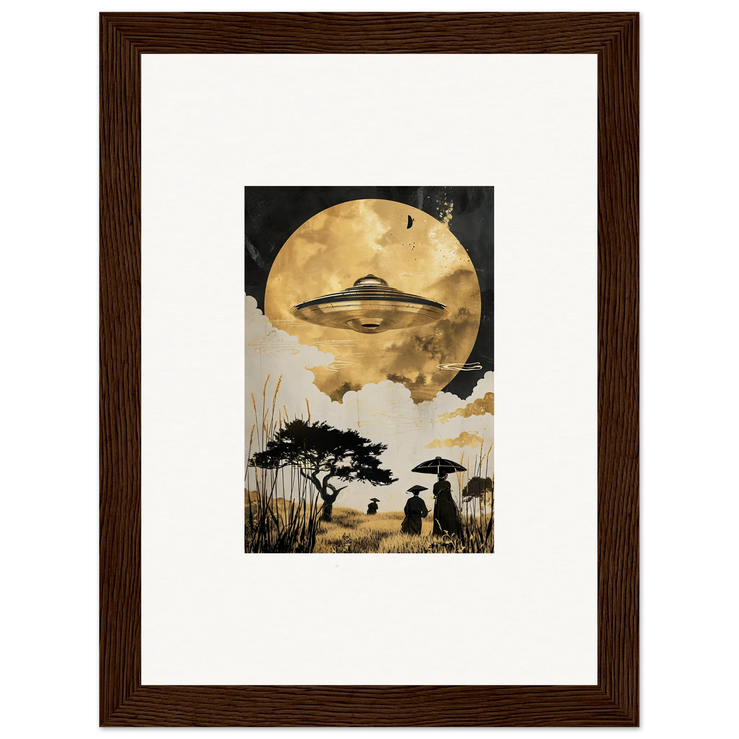 Framed wall art of a UFO over a landscape under a golden moon for golden serenade room decor