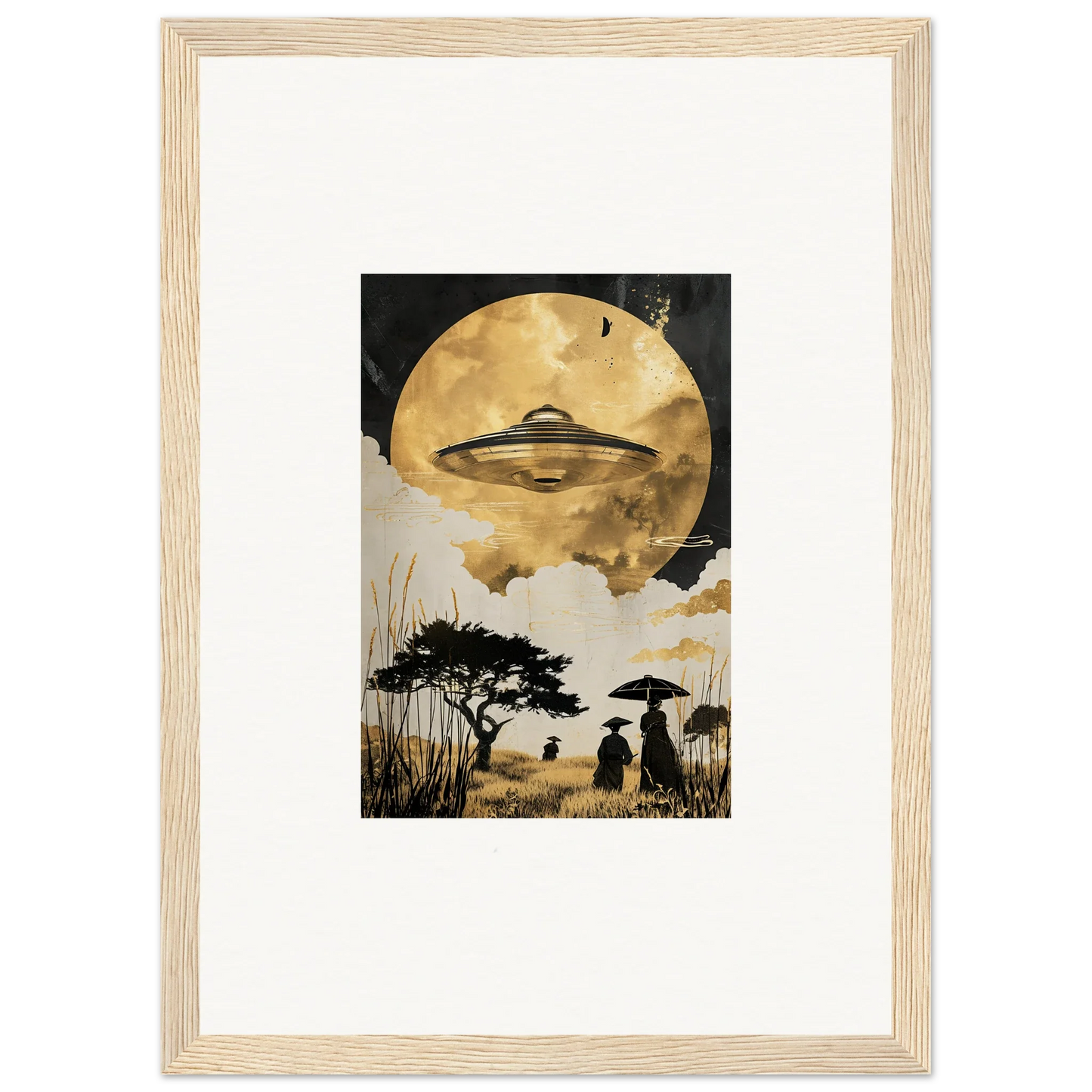 Framed wall art of a UFO over a silhouetted landscape and golden serenade moon