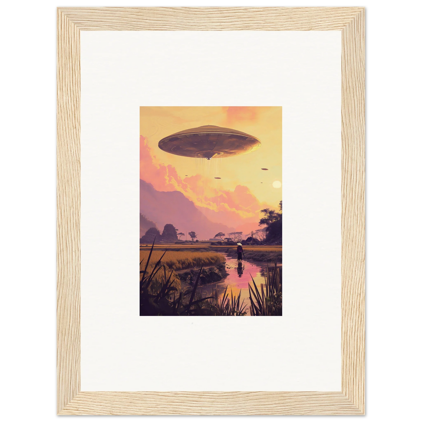 Framed wall art of a UFO over a sunset for unique room decor and mindship landing theme