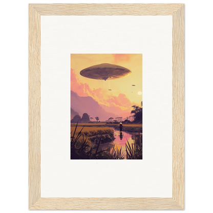 Framed wall art of a UFO over a sunset for unique room decor and mindship landing theme