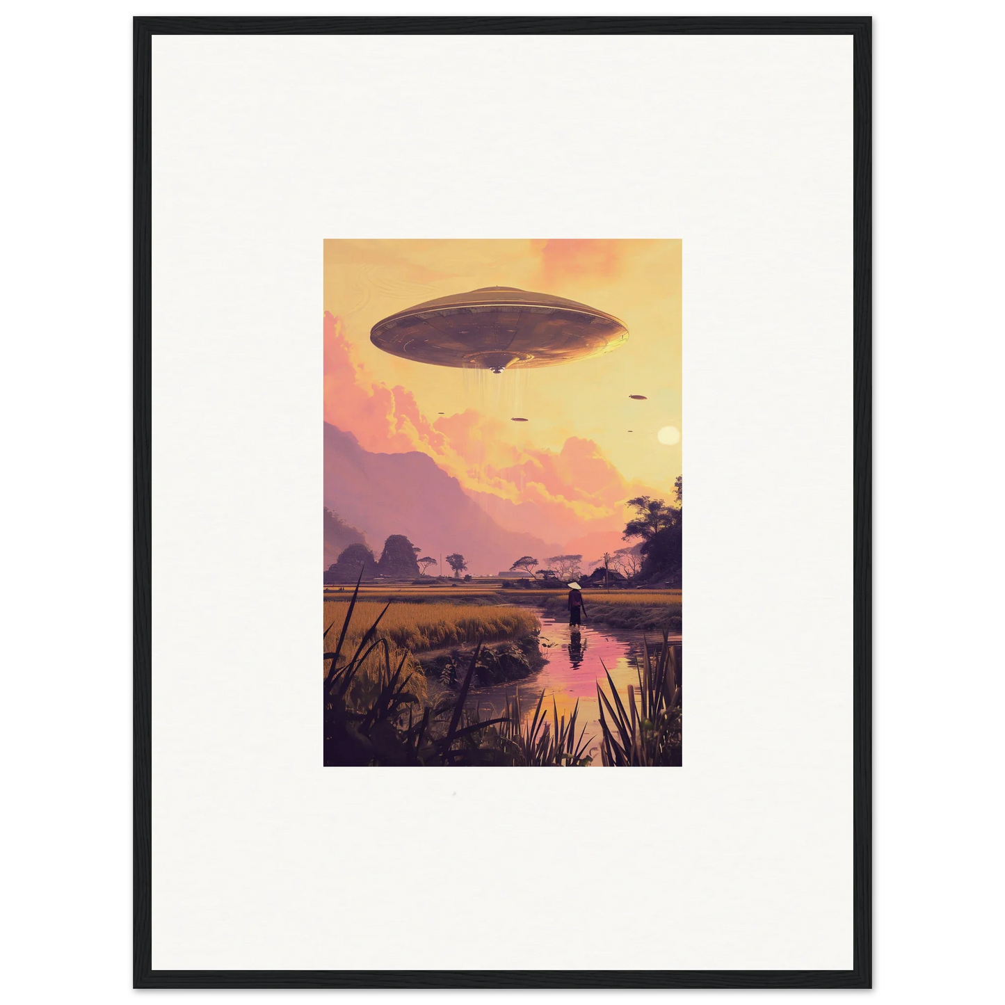 Framed wall art of a UFO over sunset, perfect for unique room decor and mindship landing