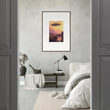 Framed wall art of a UFO above a sunset landscape for unique room decor