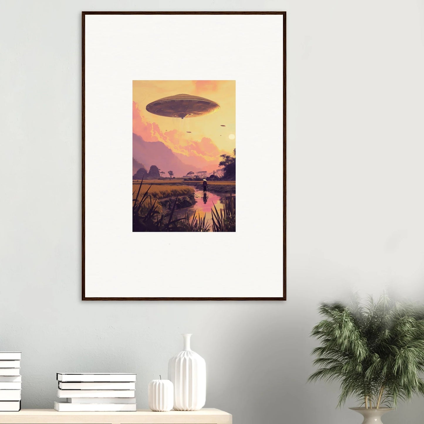 Framed wall art of a UFO over a sunset for unique room decor and mindship landing theme