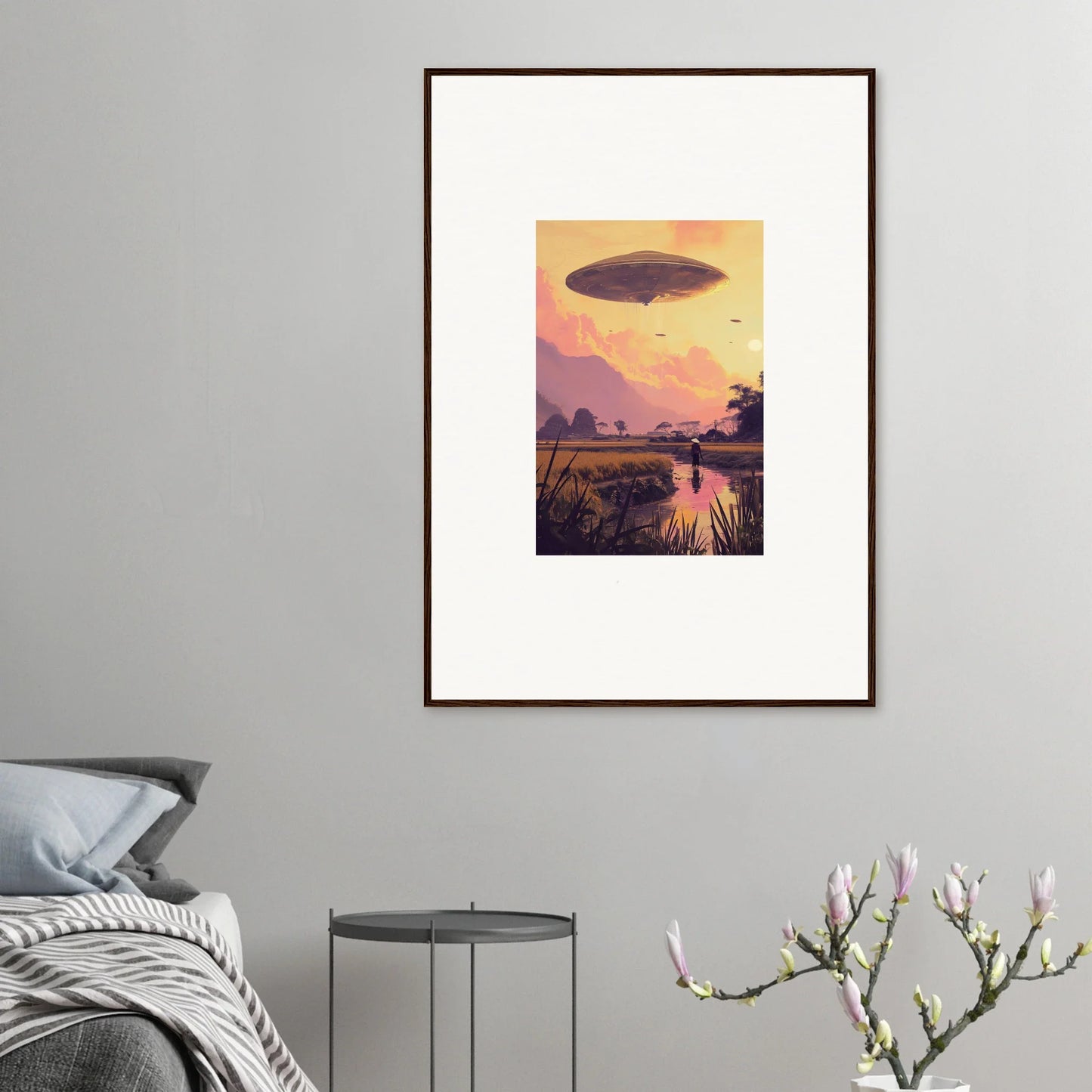 Framed wall art of a UFO over a sunset, perfect for unique room decor