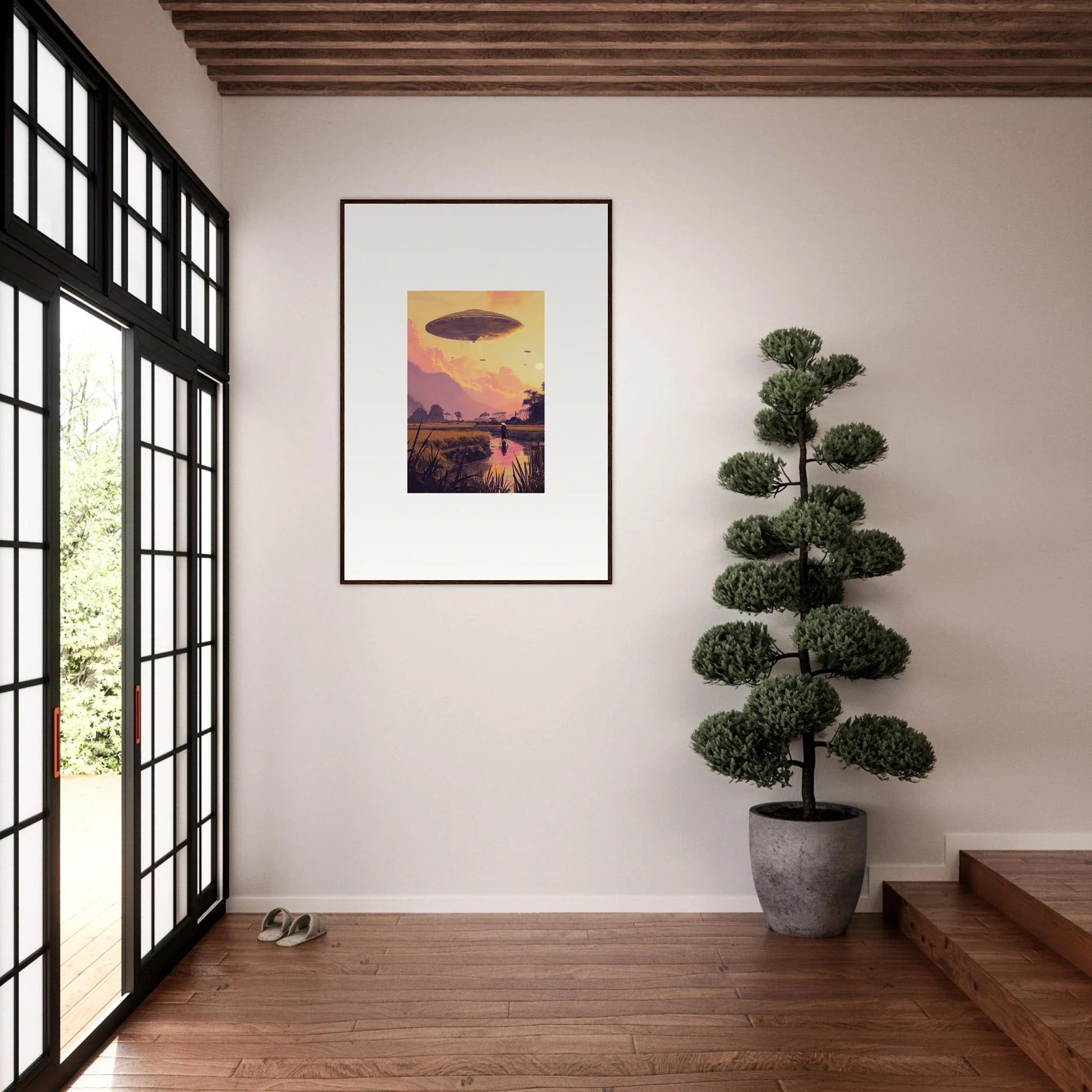 Framed wall art of a UFO at sunset for unique room decor in Ethereal Mindship Landing