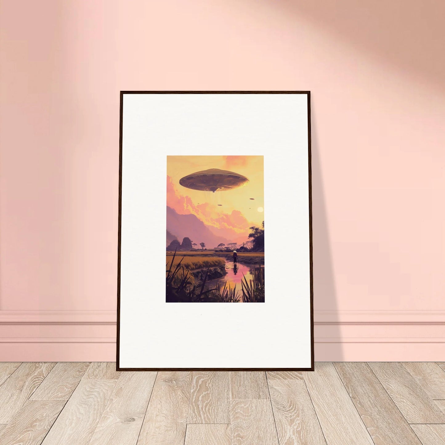 Framed wall art of a UFO at sunset, perfect for unique room decor and mindship landing