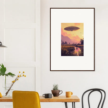 Framed wall art of a UFO over a sunset for unique room decor and mindship landing theme