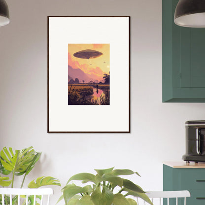 Framed wall art of a mindship landing over a sunset landscape for unique room decor