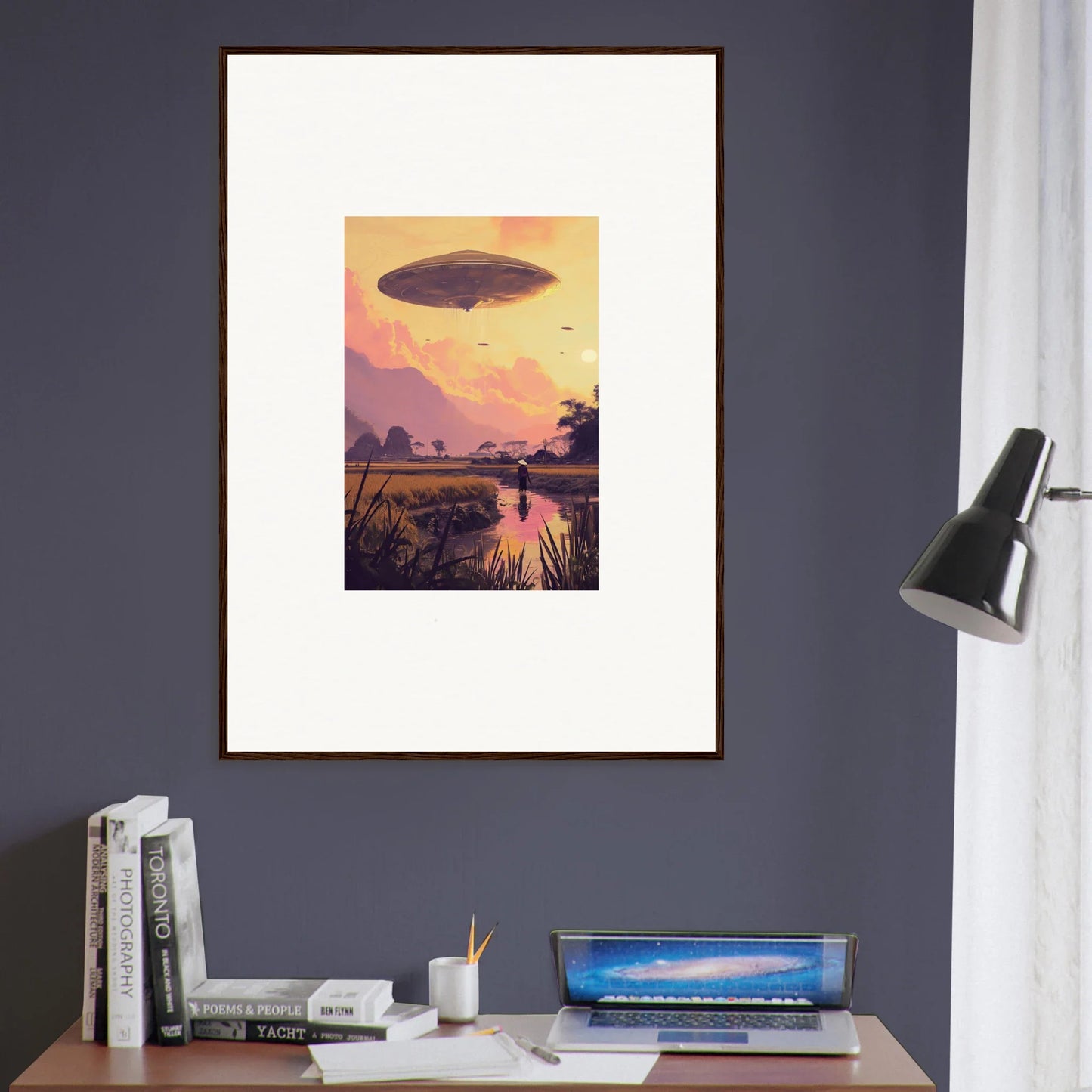 Framed wall art of a UFO over a sunset, perfect for mindship landing room decor