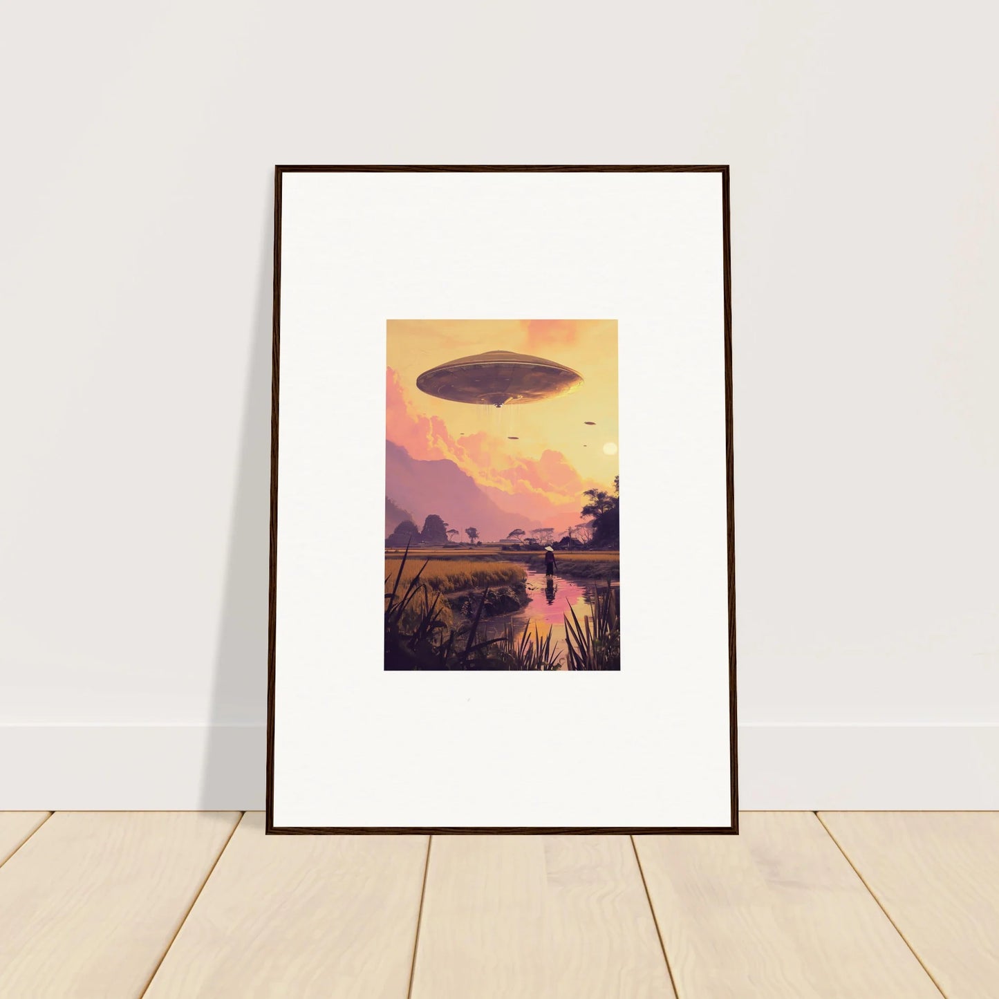 Framed wall art of a UFO over a sunset, perfect for mindship landing room decor