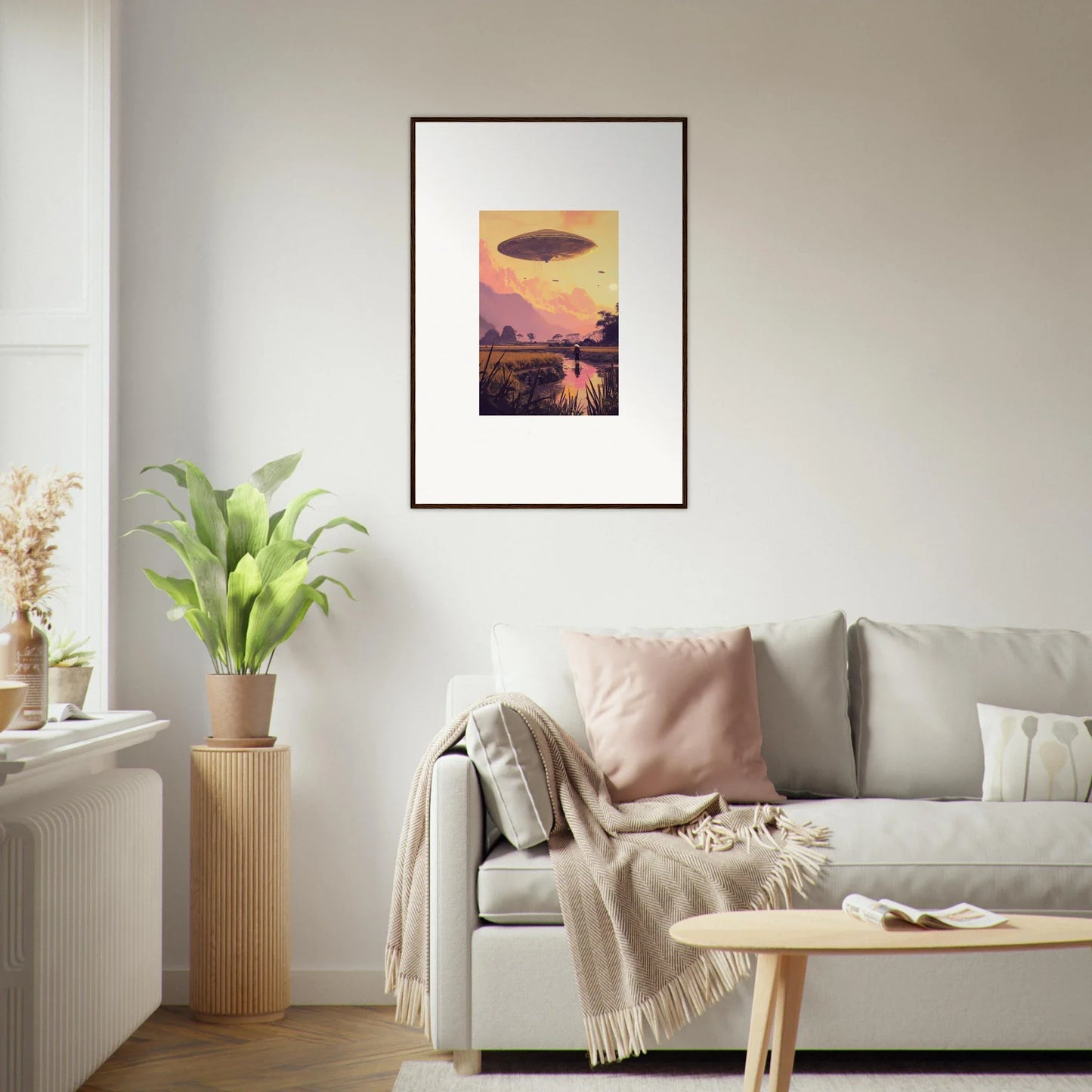 Framed wall art of UFO at sunset, perfect for mindship landing room decor