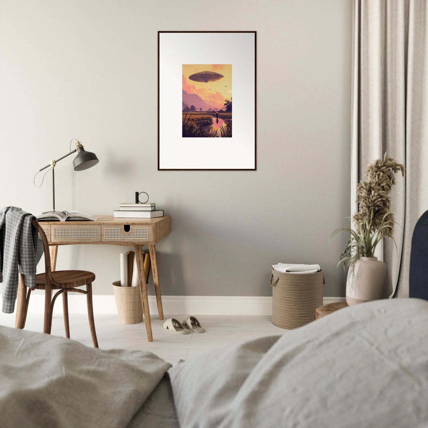 Framed wall art of a UFO over a sunset, perfect for unique room decor and mindship landing