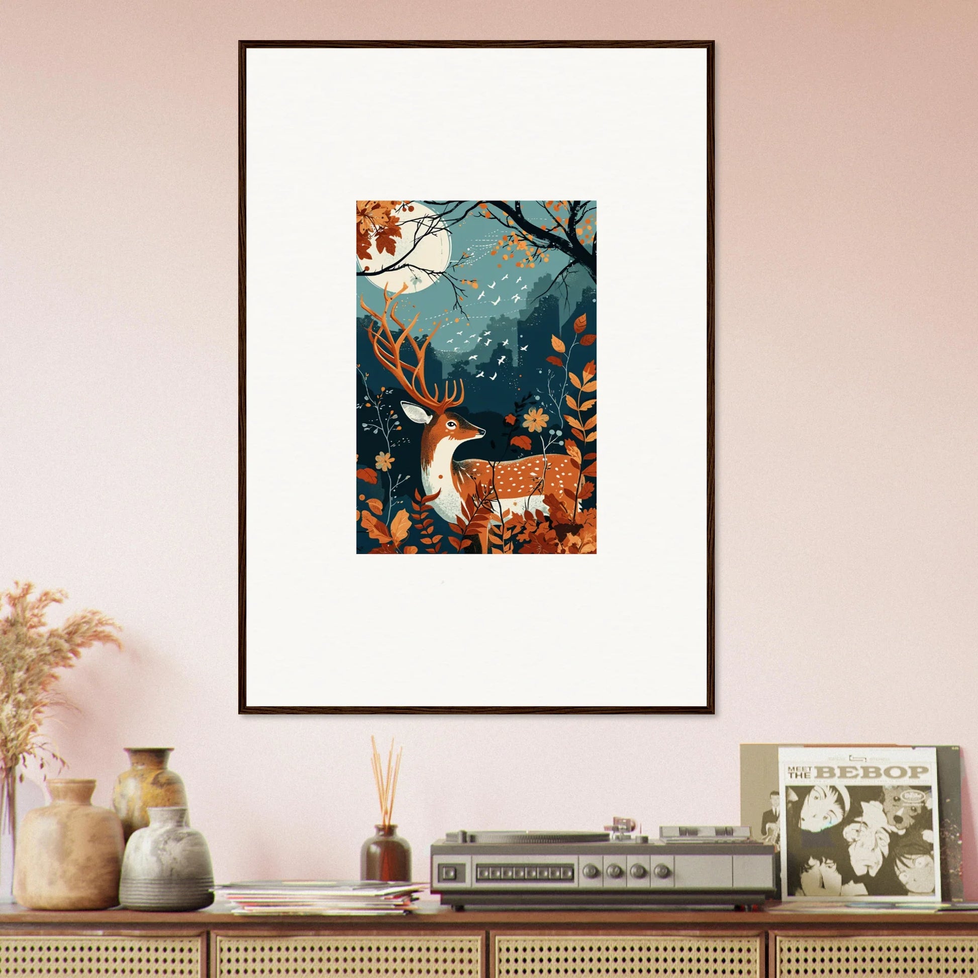 Framed wall art of a whimsical deer in a moonlit forest for Starlight Coalescence decor