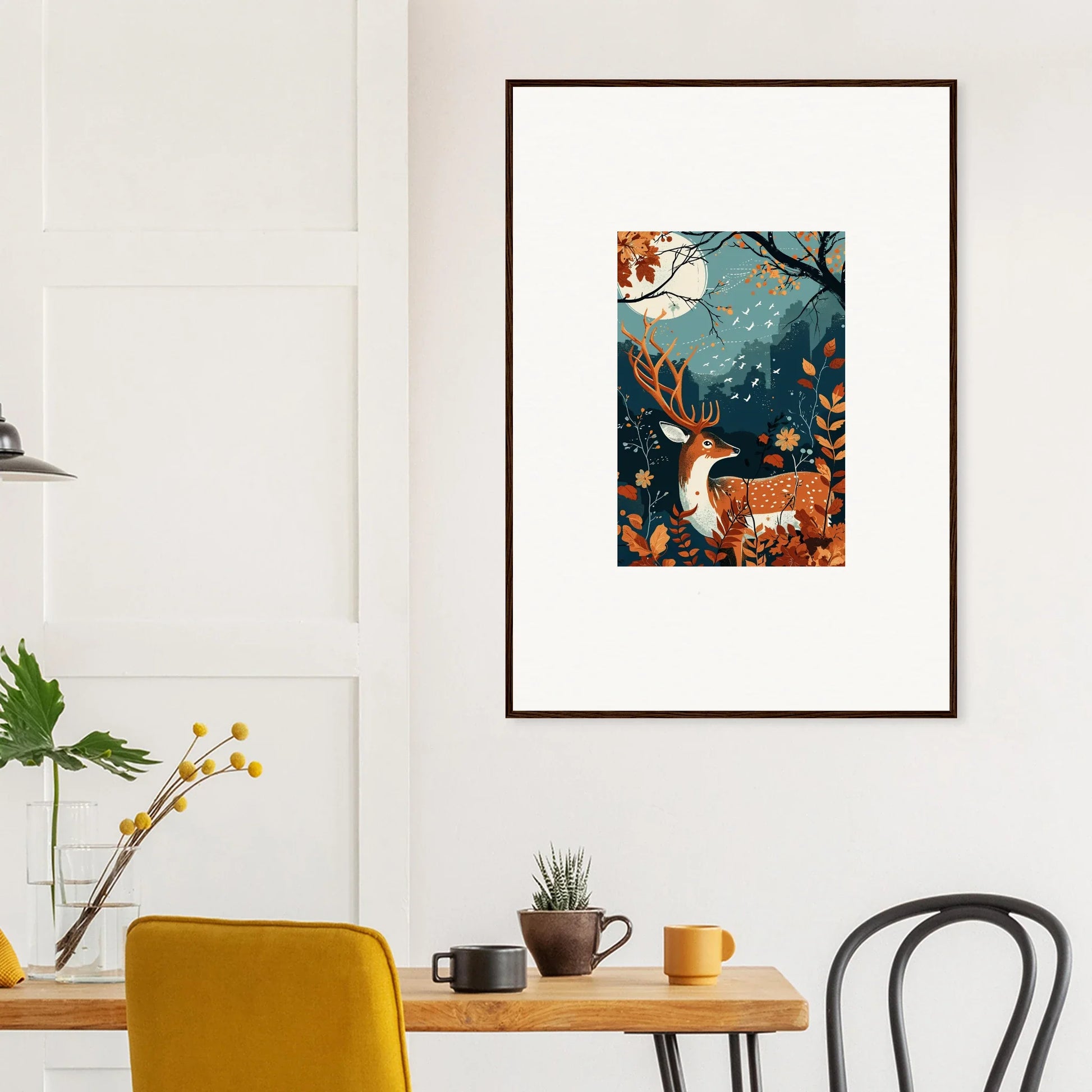 Framed wall art of a whimsical forest with a deer under a full moon, starlight coalescence