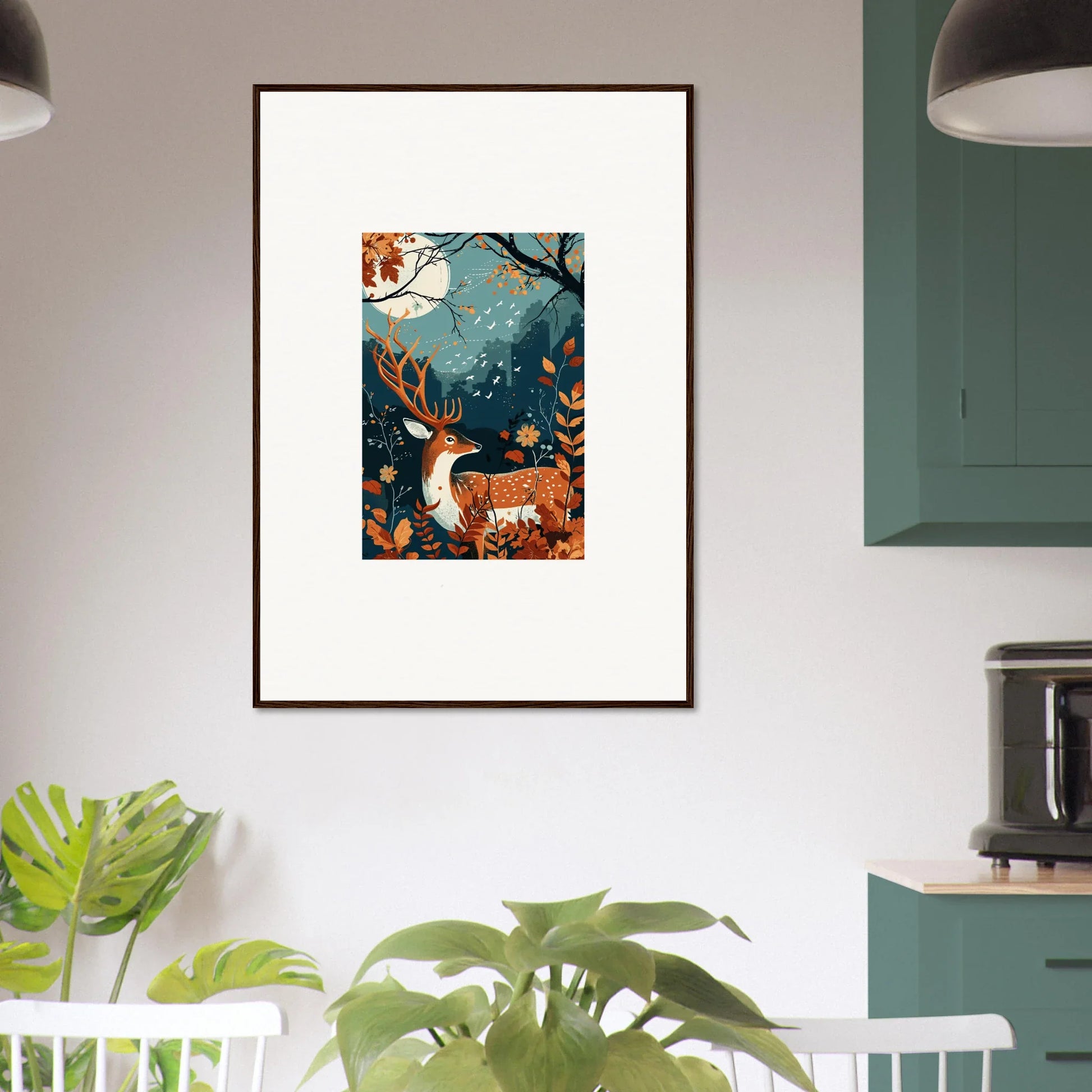 Framed wall art of a whimsical forest scene with a deer and starlight coalescence