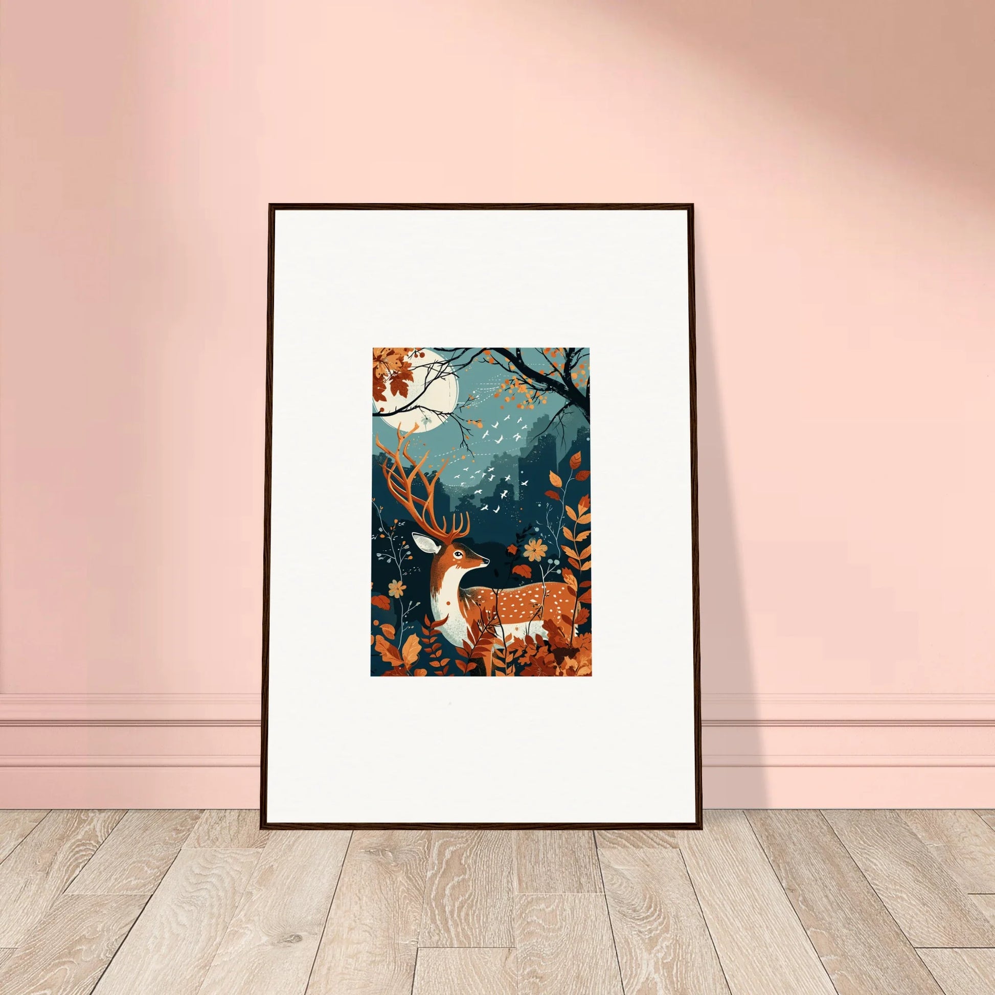 Framed wall art of a whimsical forest scene with starlight coalescence and a deer