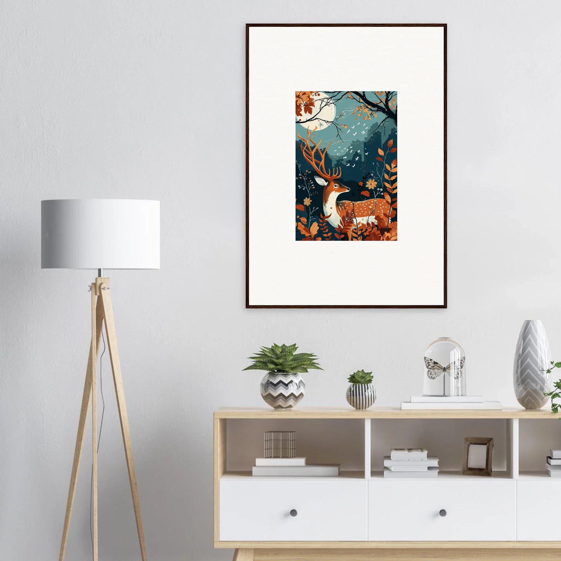 Framed wall art of a whimsical forest with a deer under starlight coalescence