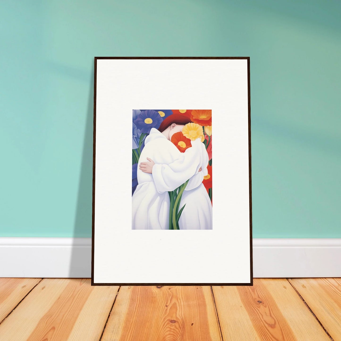 Framed wall art featuring a white calla lily on a colorful abstract background, ideal for room decor