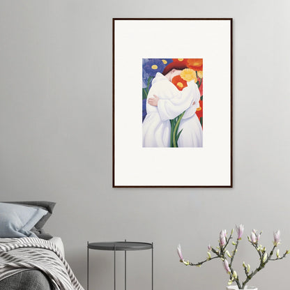 Framed wall art of a white calla lily flower with colorful abstract background for room decor