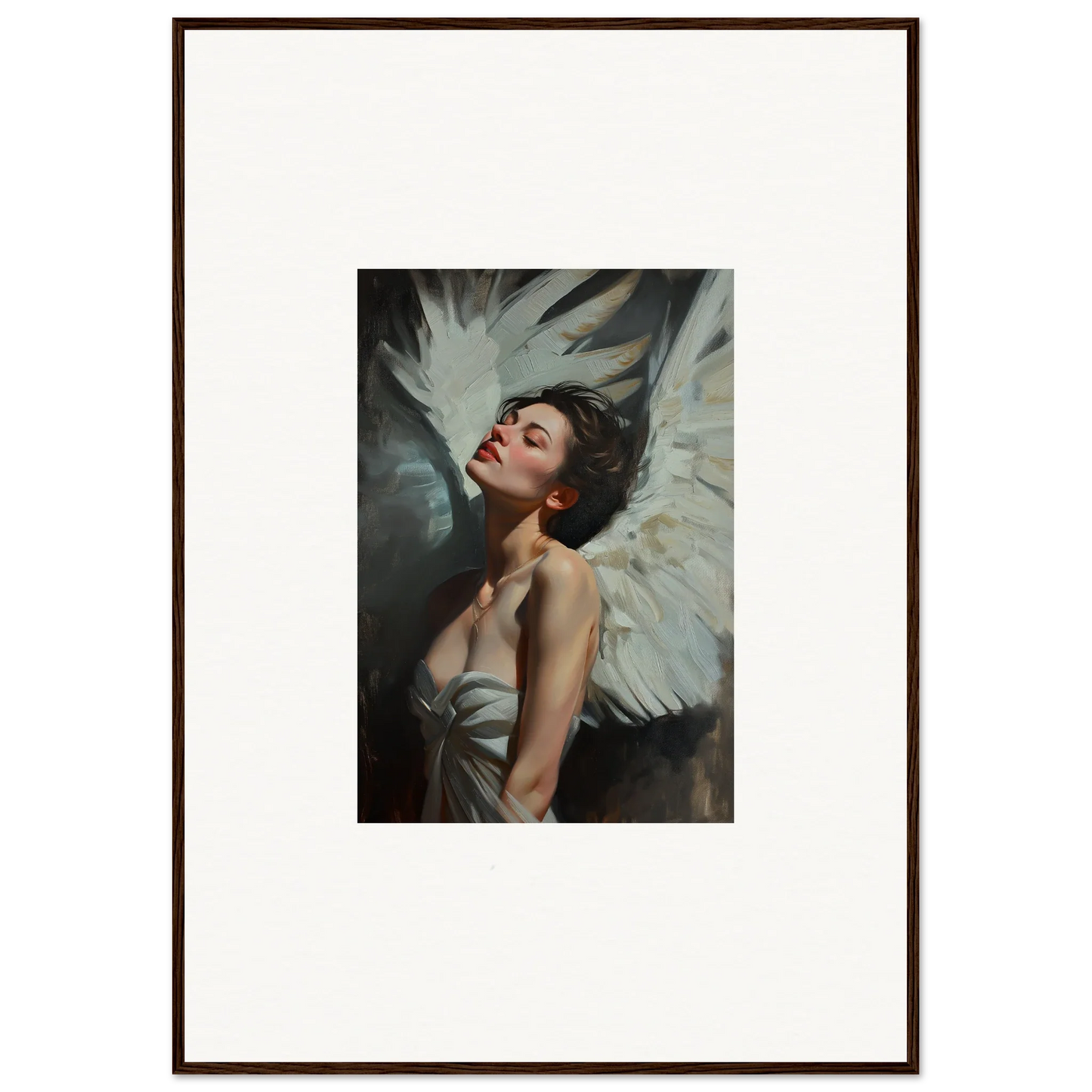 Framed wall art of a woman with angel wings showcases feathered elegance for room decor