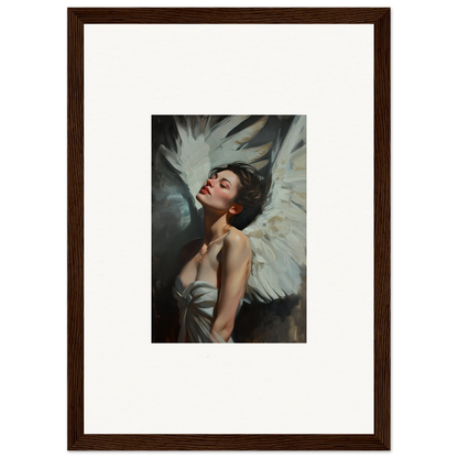 Framed wall art of a woman with angel wings showcasing feathered elegance for room decor