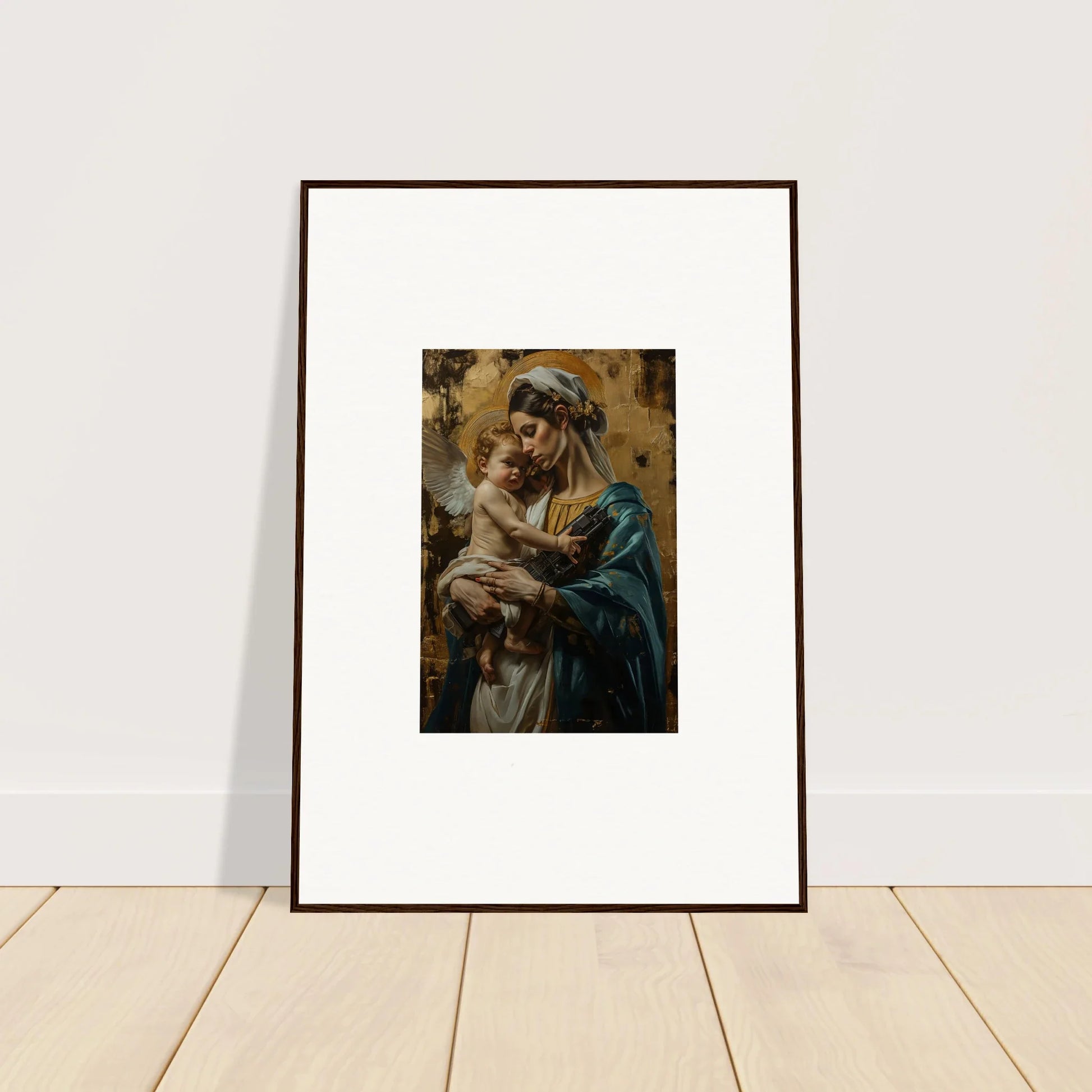 Framed wall art of a woman holding a baby, perfect for metallic lullabies room decor