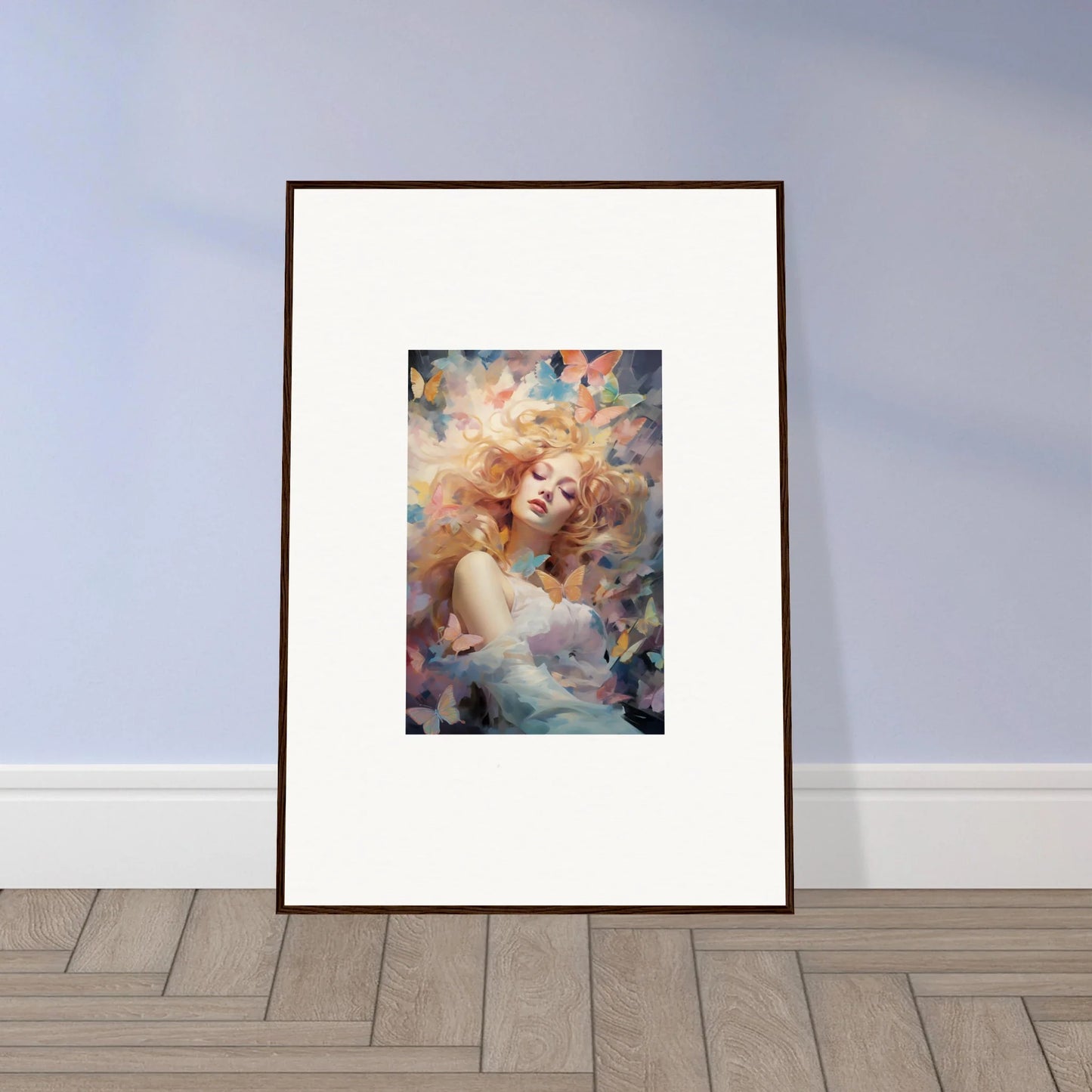 Framed wall art of a woman with flowing blonde hair enhancing vibrant room decor