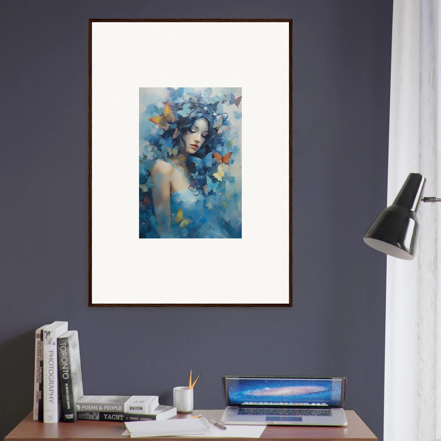 Framed wall art of a blue-haired woman with butterflies, perfect for dream rhapsody room decor