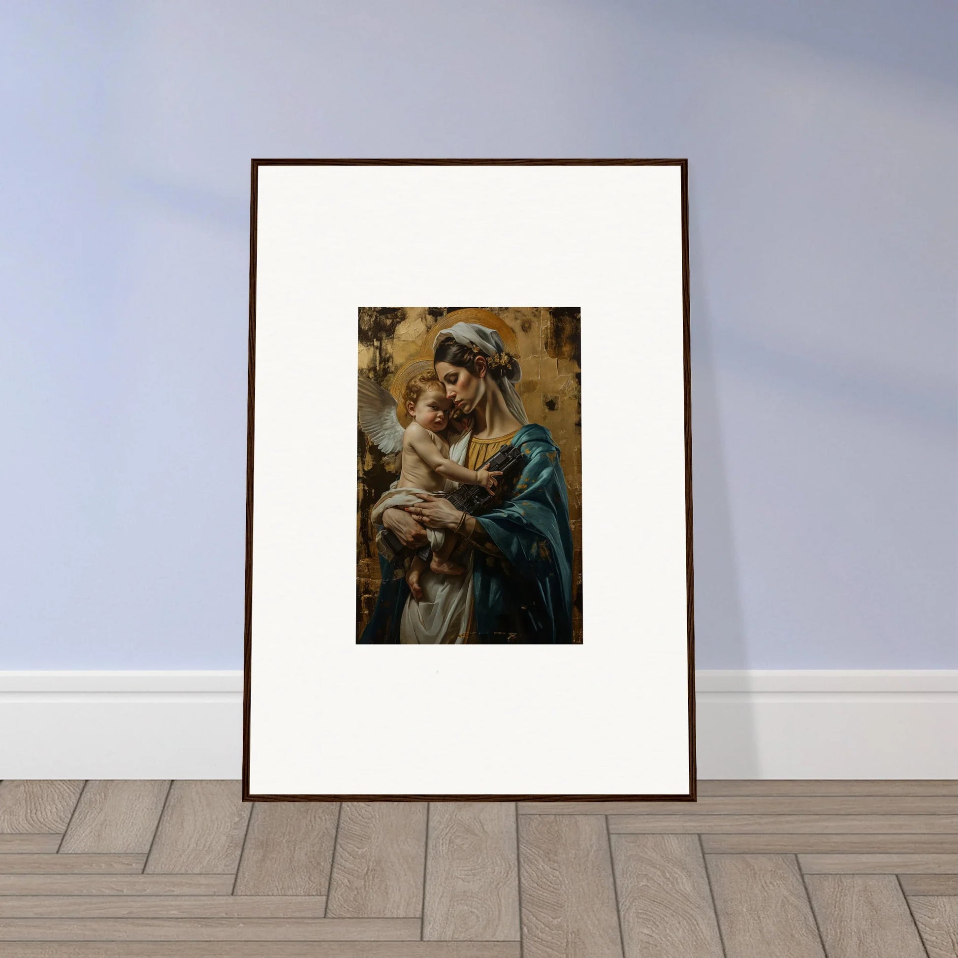 Framed wall art of a woman in blue with a baby, perfect for metallic lullabies room decor