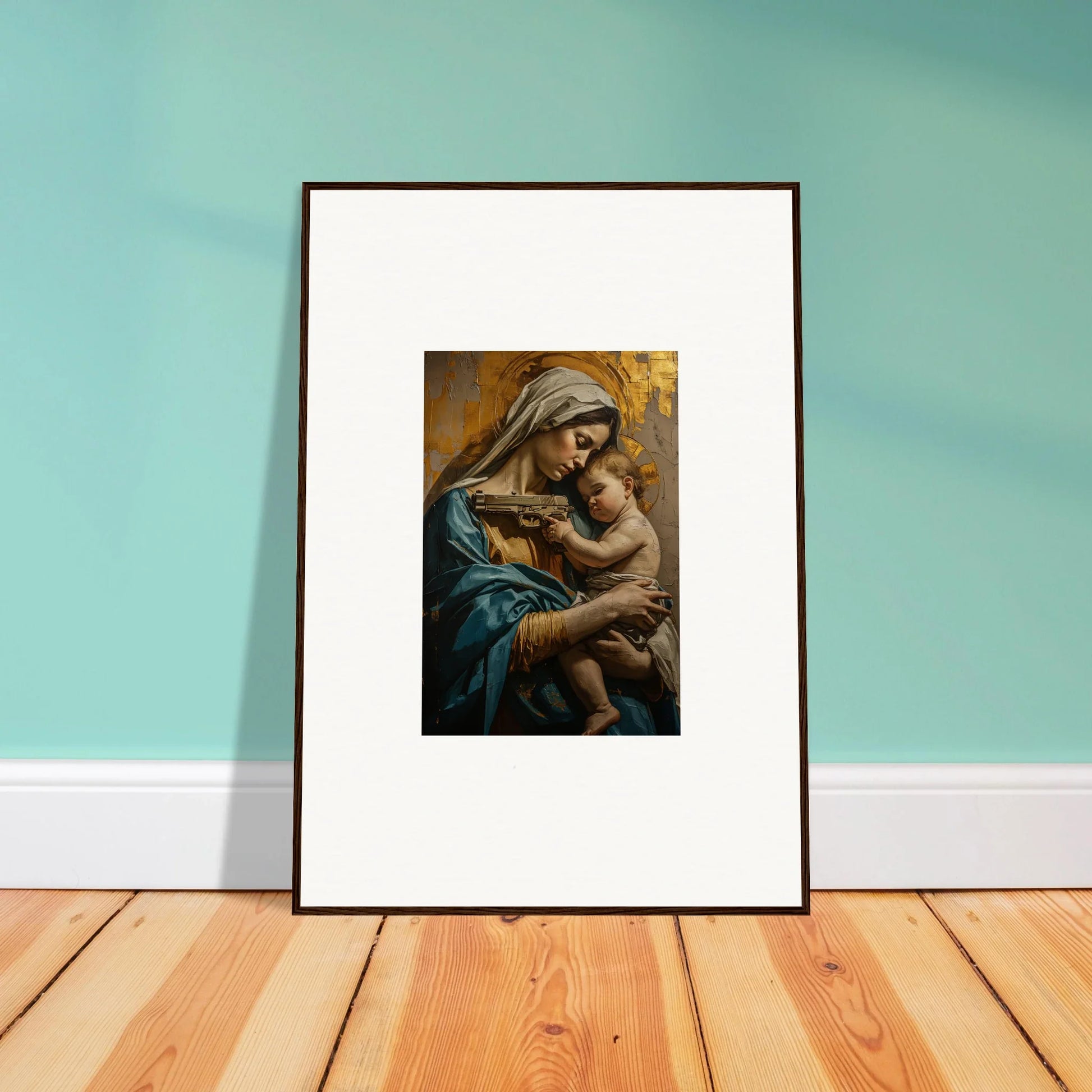 Framed wall art of a woman embracing a child, perfect for Saints Harmony room decor