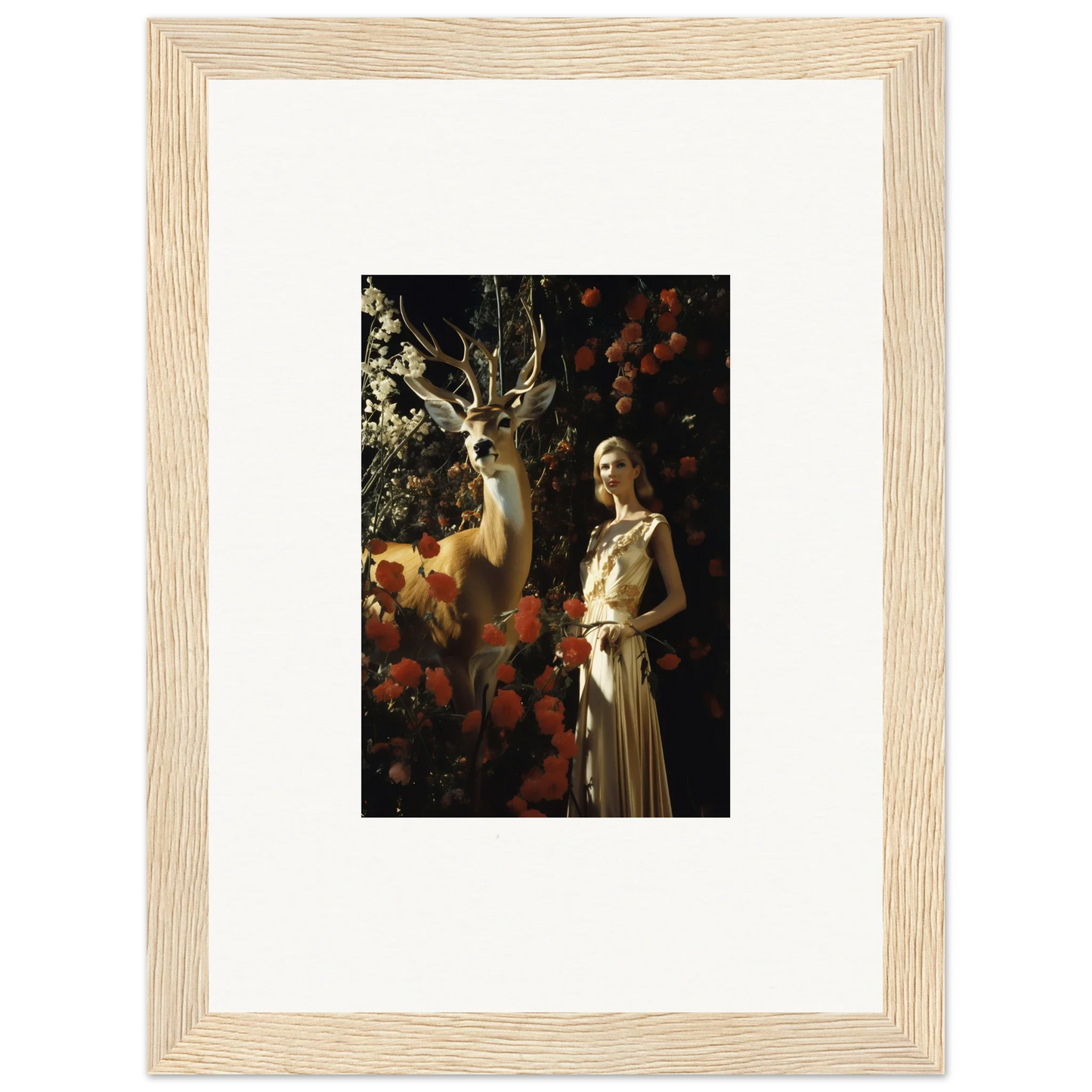 Framed artwork depicting a woman in an elegant dress standing next to a deer in a forest setting.