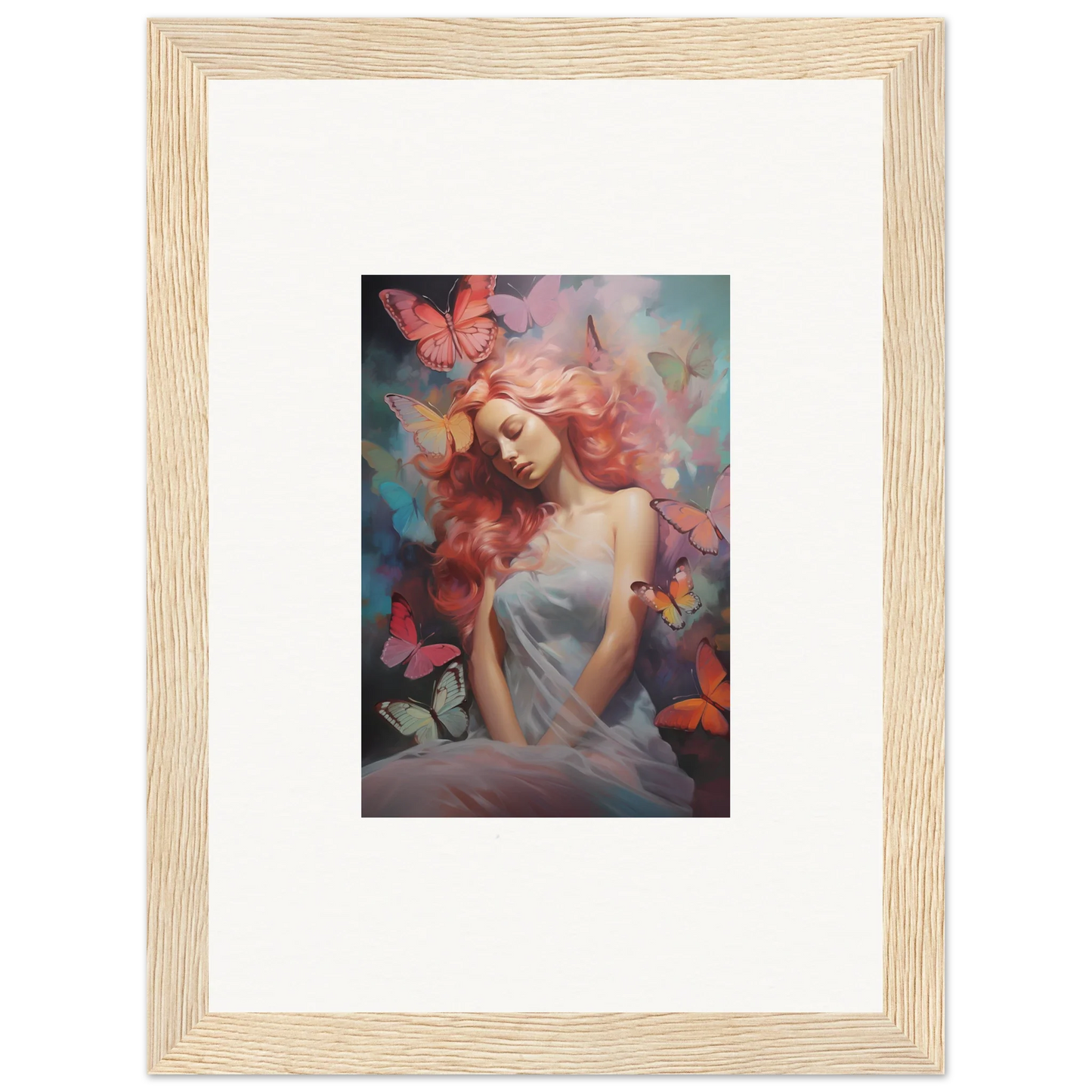 Framed wall art of a woman with butterflies in a colorful dream stream design