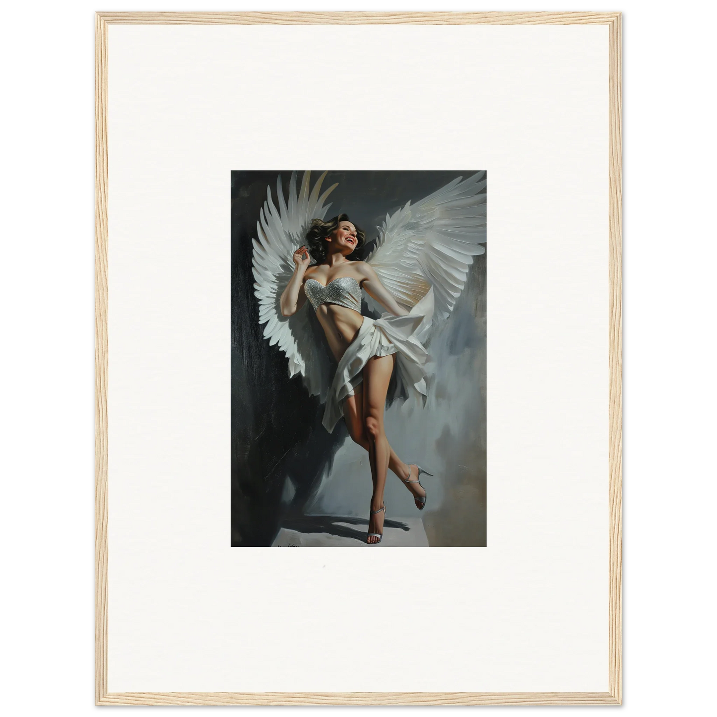 Framed wall art of a woman with white wings, perfect for bliss effervescent room decor