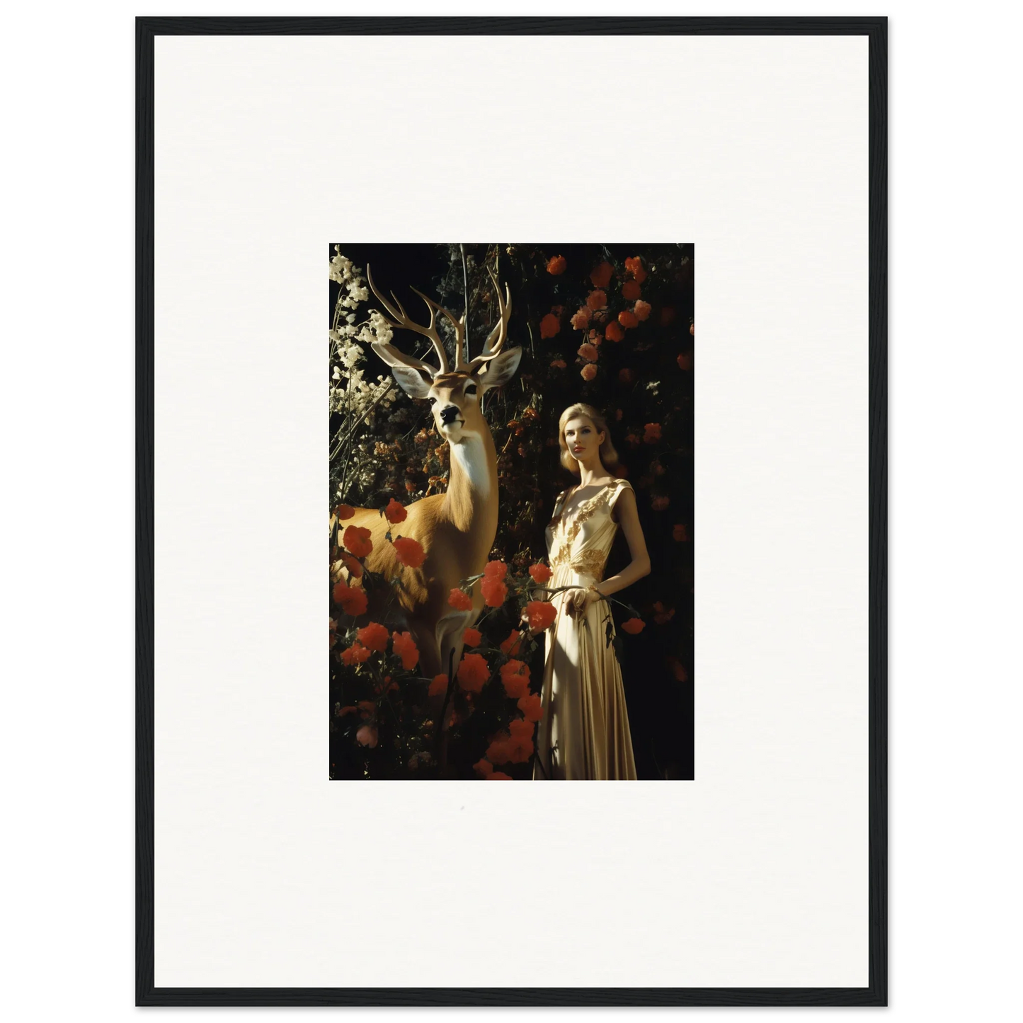 Framed artwork depicting a woman in a light-colored dress standing next to a deer in a floral setting.