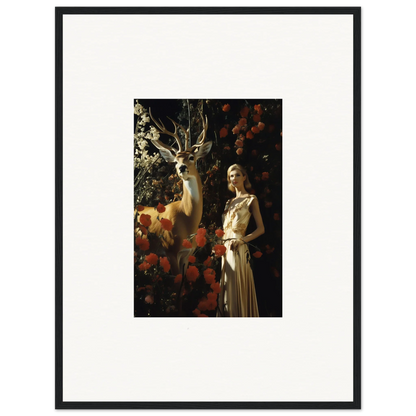 Framed artwork depicting a woman in a light-colored dress standing next to a deer in a floral setting.