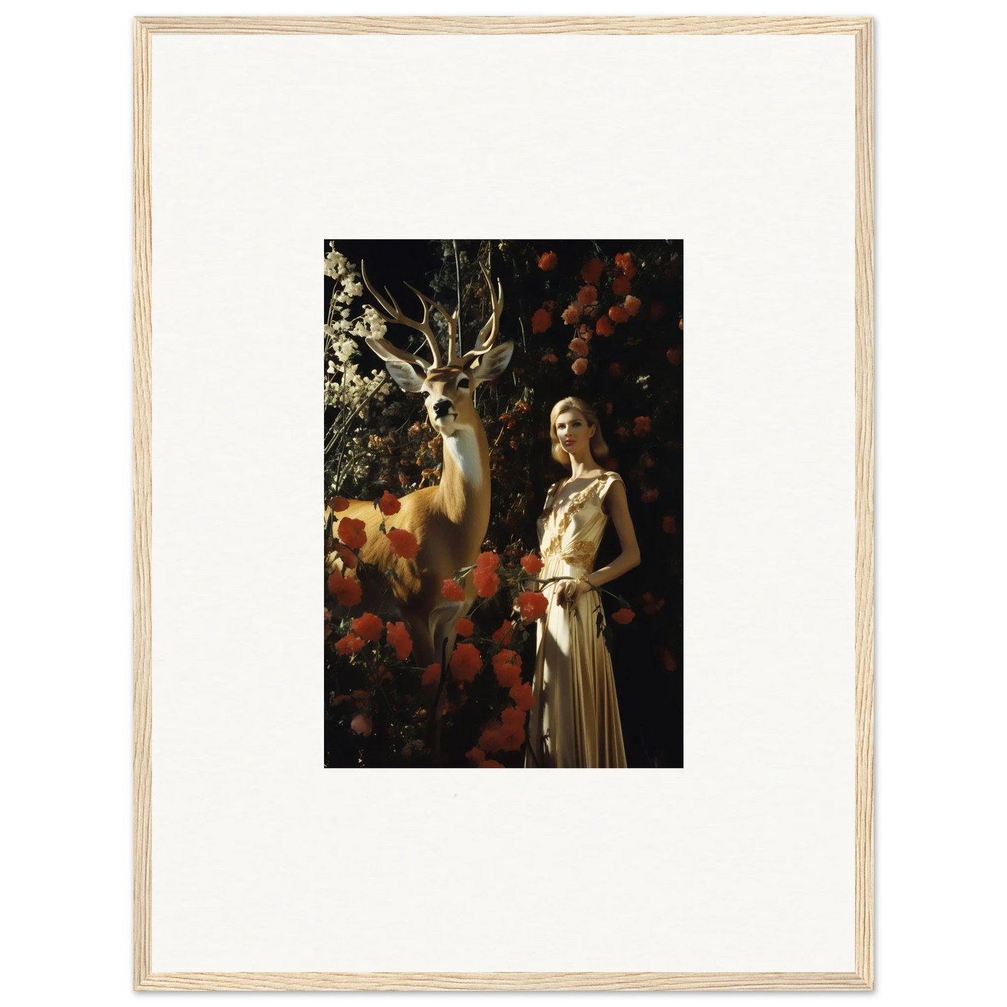 Framed artwork depicting a woman in a light-colored dress standing next to a deer in a forest setting.