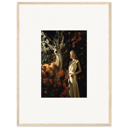 Framed artwork depicting a woman in a light-colored dress standing next to a deer in a forest setting.